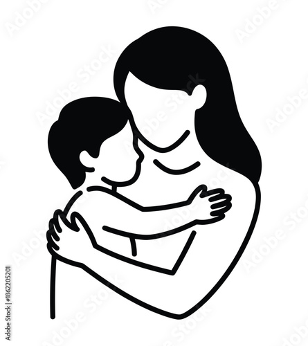 Stylized icon depicts a mother tenderly embracing her young child with.