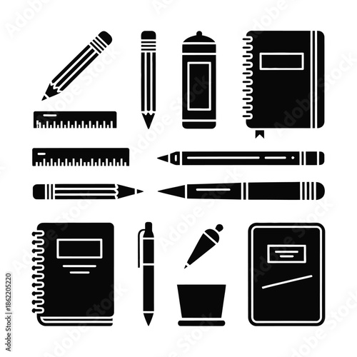 Assortment of black writing instruments and notebooks depicts essential.