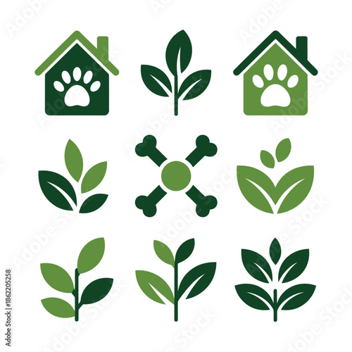 Set of green plant and paw print icons suggests eco friendly pet care.