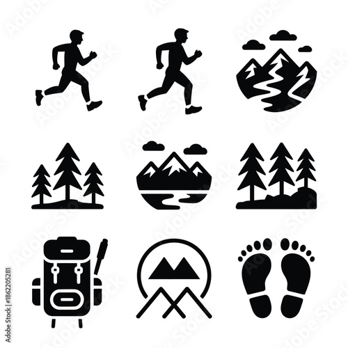 Collection of diverse outdoor activity icons represents hiking and running.