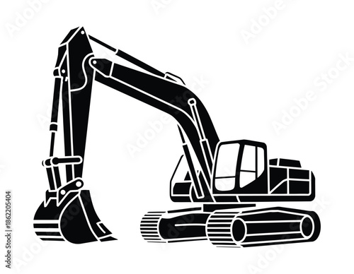 Heavy excavator silhouette graphic symbol represents construction.