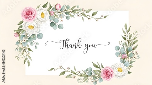 A floral thank you card with a beautiful wreath and elegant script