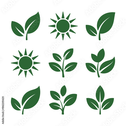 Green nature icons feature sun and various stylized foliage designs.