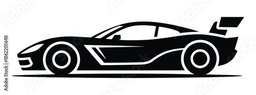 Side profile of a sleek black sports car with a large rear spoiler.