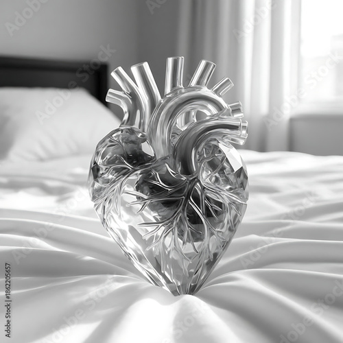 Anatomical human heart made of transparent faceted crystal lying on white silk bedsheets in a bright bedroom, 3D render.