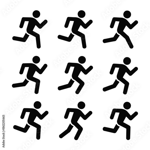 Nine black running stick figures show dynamic motion and athletic activity.