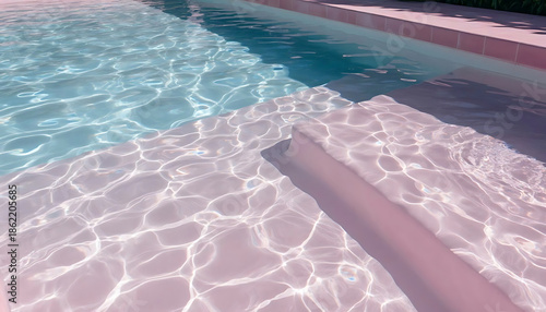 Crystal clear turquoise pool water reflecting sunlight on pink marble steps during a hot summer day, minimalist photography.