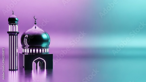 Futuristic metallic mosque with a tall minaret reflected on a glossy surface against a purple and teal gradient background, 3D render.