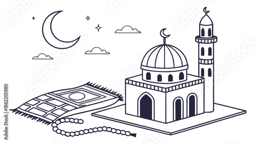 crescent moon, mosque, prayer mat, tasbih, minimal flat vector, line style