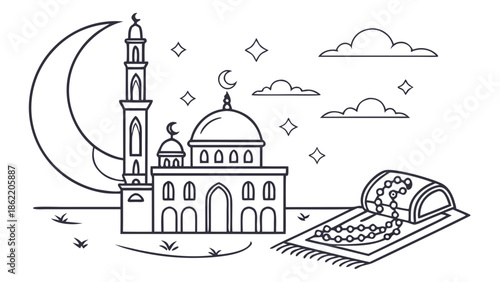 crescent moon, mosque, prayer mat, tasbih, minimal flat vector, line style