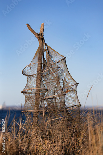 Traditionelle Reusen- bzw. Fischernetze an Holzpfählen in den Dünen am Timmendorfer Strand an der Ostsee. Die leeren Netze hängen ruhig im Wind vor blauem Himmel und vermitteln maritimes Handwerk