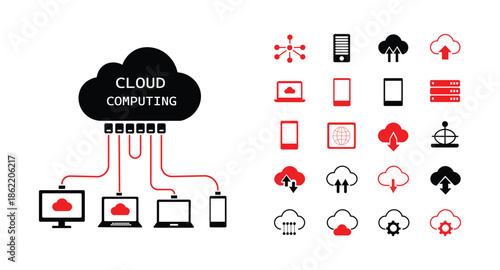 Cloud Computing Vector Set – Data Storage, Server Network, and Upload Download Icons