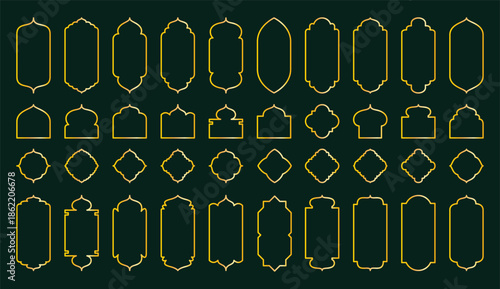 elegant shapes on emerald background, modern geometric patterns in gold on green for icons and labels