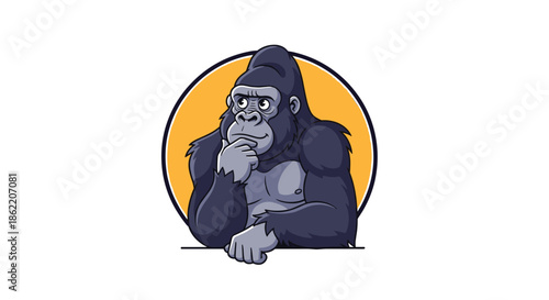 Wise gorilla character in a thinking pose resting its chin on its hand inside a circular yellow frame, symbolizing intelligence and contemplation.