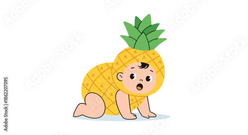 Adorable baby crawling while wearing a bright yellow pineapple costume with green leaves, a funny and cute fruit-themed outfit for young children.