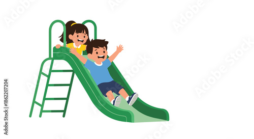Two happy children, a boy and a girl, enjoying themselves while playing on a green playground slide on a clean and isolated white background.