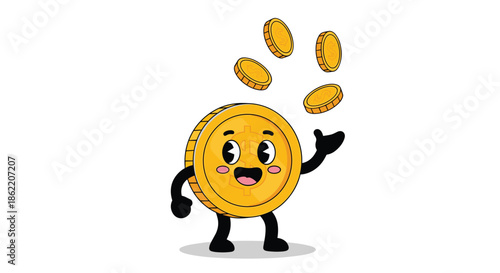 Happy golden dollar coin character with arms and legs juggling smaller coins, symbolizing financial growth and wealth management in business.
