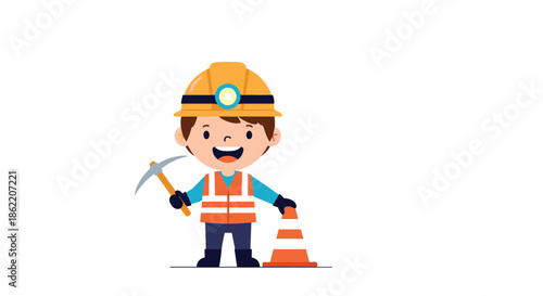 Brave young boy dressed as a miner with a yellow hard hat and pickaxe standing next to a traffic cone, representing industry and hard work.