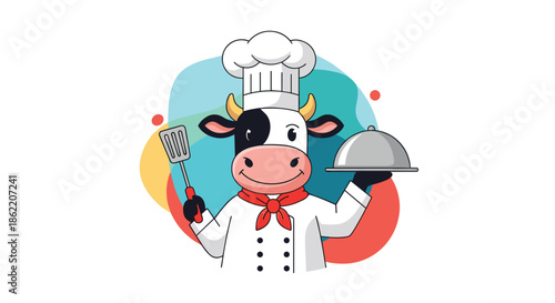 Friendly cow character dressed as a professional chef holding a spatula and a covered food platter, perfect for restaurant and food themes.
