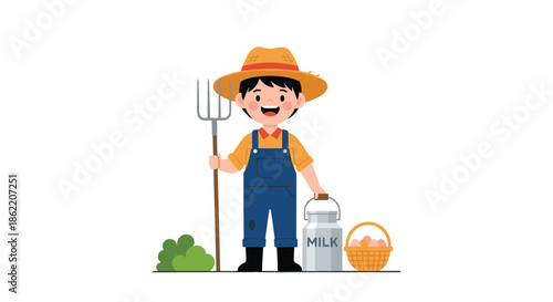 Smiling young boy farmer in overalls and a straw hat holding a pitchfork next to a milk can and a basket of eggs on a clean white background.