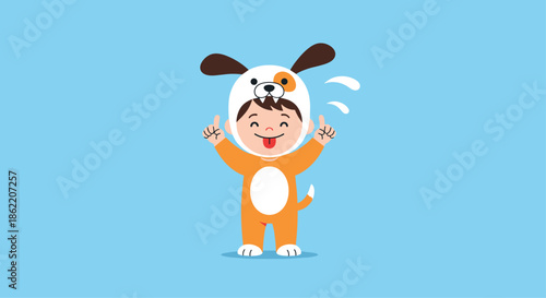 Happy baby boy wearing a cute white and orange dog costume with long ears, sticking out his tongue and giving two thumbs up on a blue background.