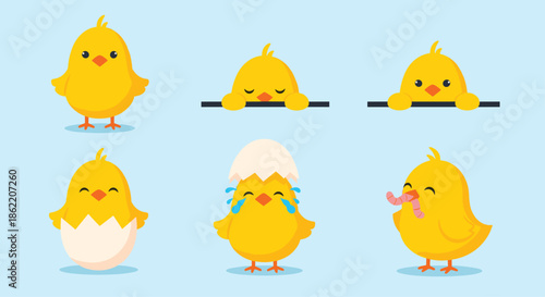 Set of six cute yellow baby chicks in different poses and expressions, including hatching from an egg and eating a worm on a blue background.
