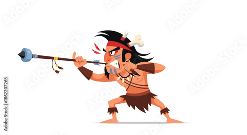 Fierce native american warrior character holding a spear in a powerful fighting stance, showing his traditional clothing and tribal face paint.