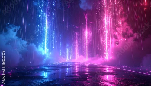 Futuristic podium illuminated by a shower of glowing pink and blue neon geode crystals