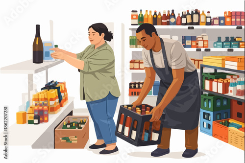Smiling employees organizing beverages on a market shelf.