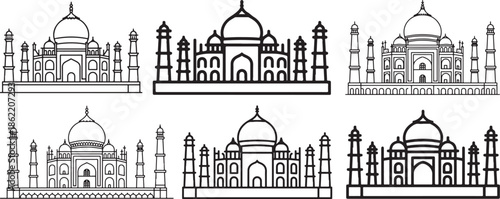 Set of Taj Mahal Line Art Vector Illustration for Coloring Book Page