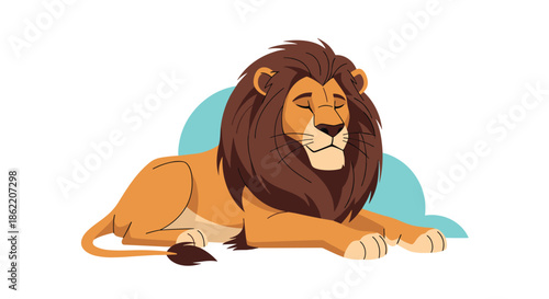 Majestic male lion cartoon character resting and sleeping peacefully on the ground, featuring a thick brown mane and orange fur for kids art.