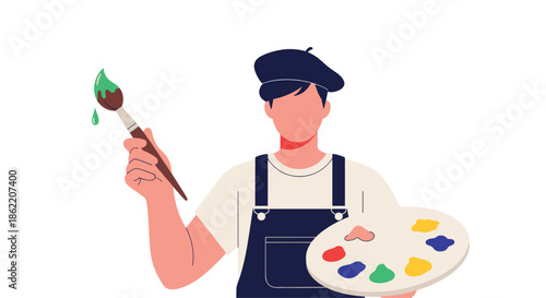 Talented male artist wearing a beret and apron holds a colorful paint palette and a brush with green paint.