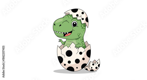 Tiny green baby tyrannosaurus rex dinosaur hatches from a spotted egg shell with a happy and curious expression.