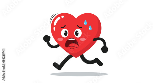 Worried cartoon heart character with arms and legs runs quickly while showing a scared and panicked facial expression.