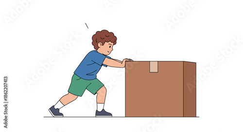 Young boy in blue shirt and green shorts puts effort into pushing a heavy brown cardboard box across the floor.