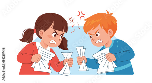 Angry children, a boy and a girl, show frustration while tearing up pieces of white paper during a disagreement.