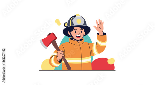 Friendly firefighter wearing a uniform and protective helmet waves his hand while holding a red rescue axe.
