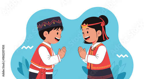 Two children dressed in traditional indonesian cultural clothing greet each other with a polite hand gesture.