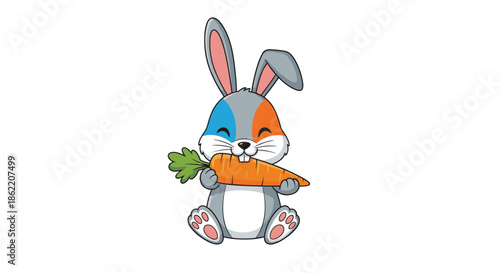 Fluffy gray and orange bunny rabbit holds a large fresh carrot and prepares to eat it with a happy expression.