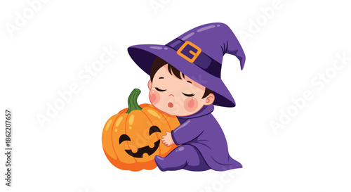 Cute little baby witch wearing a purple hat and robe sleeps peacefully while hugging a carved halloween pumpkin.
