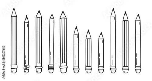 Pencil with eraser hand drawn doodle line scandinavian minimalism icon set. Pencil single element for school, teaching, drawing