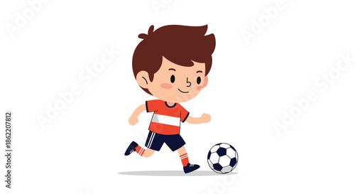 Active young boy in a red and white jersey runs across the field while dribbling a black and white soccer ball.