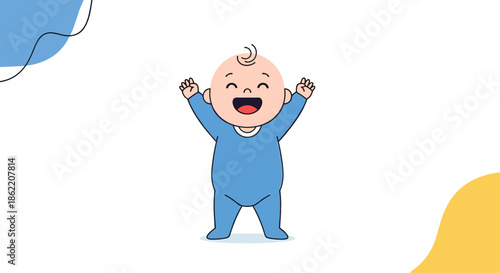 Joyful baby boy in a light blue onesie stands up with arms raised high in celebration and a happy expression.