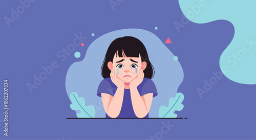 Heartbroken young girl with black hair cries with her face in her hands against a purple decorative background.