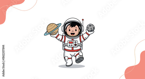 Smiling baby astronaut wearing a space suit walks while holding a ringed planet and a cratered moon in its hands.