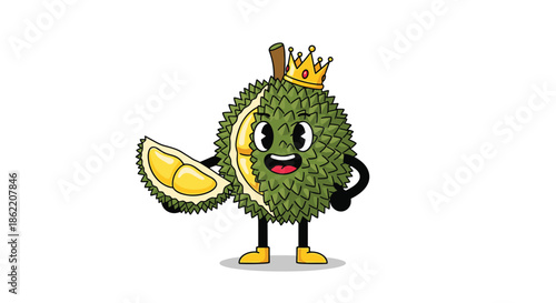 Proud king durian character wearing a golden crown holds a slice of the tropical fruit with a happy expression.