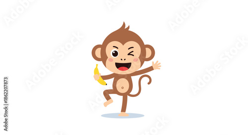 Happy cartoon monkey character standing on one leg while holding a yellow banana and waving its hand against a white background.