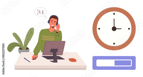 Man wearing a headset at desk with a computer, plant, clock, and progress bar. Ideal for customer service, support, time management, availability productivity call center efficiency themes. Flat