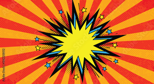 Fiery pop art comic explosion with stars and a blank center on a dynamic red and orange retro sunburst background.