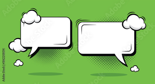 Two empty rectangular comic book speech bubbles with clouds and shadows for a conversation on a solid green background.